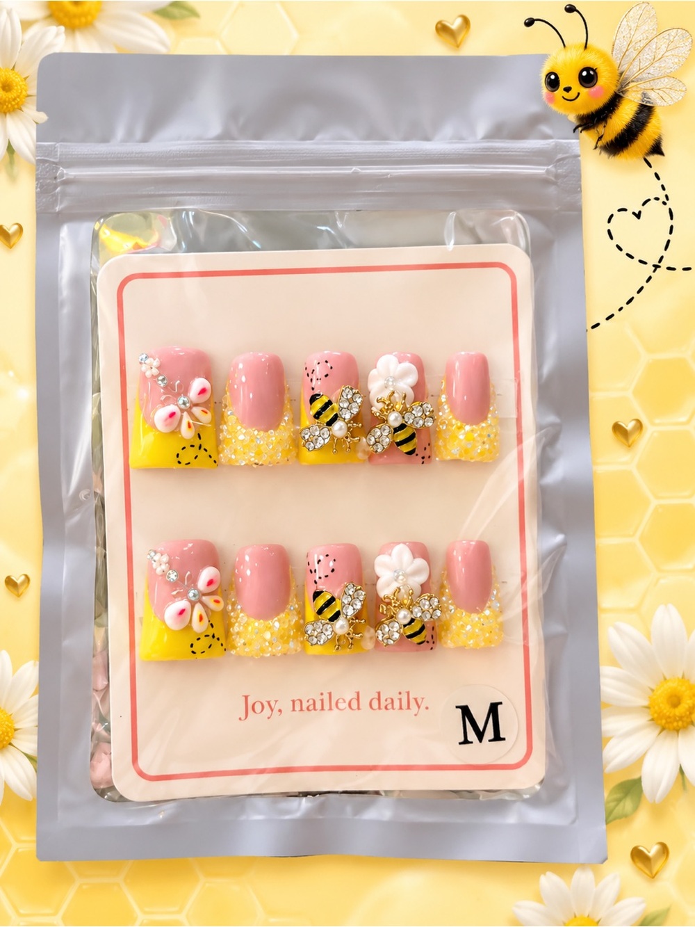 M Pink & Yellow Bee Floral Press-On Nail Set